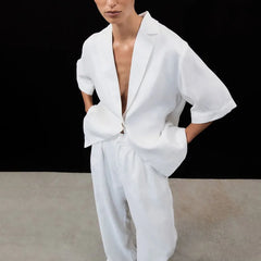 New Cotton Turn-Down Collar Half-Sleeve Top Wide-Leg Pants Two-Piece