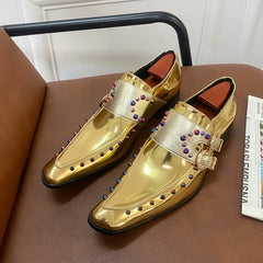 New Gold Men Dress Shoes Rivet Breathable Square Toe Double Buckle
