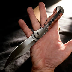 Lightweight Folding Utility Knife with Wooden Inlay, Stainless Steel Blade, Non-locking Design for Camping, Hiking and Outdoor T