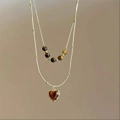 Vintage Leather Brown Stone Sun Pendant Beaded Choker Clavicle Chain Necklace For Women Unique Y2K Personalized Grunge Jewelry