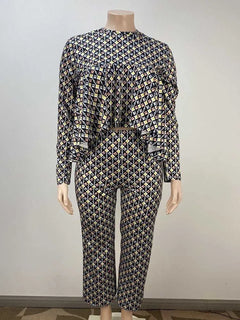 New in Matching Sets Autumn Long Sleeve Plus Size Women 2 Piece Sets Plaid Blouse and Pants Suits Elegant Lady Wear Outfits
