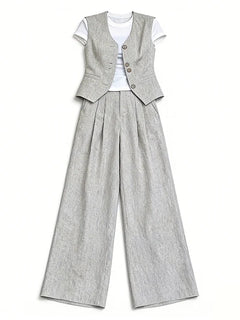 plus Size Casual Style Three Piece Set Women's Summer New White T-Shirt Sleeveless Tank Top Wide Leg Pants Ensemble