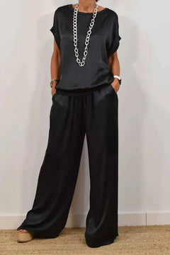 Summer Satin Two Piece Sets For Women V Neck Bat Sleeve Top Casual Loose Lace Up Wide-leg Pants 2 Piece Suit Female Home Outfits