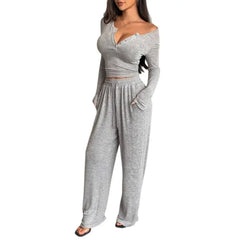 Button Up Crop Top & Wide Leg Pants Set, Women's Long Sleeve Matching