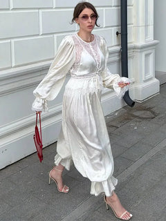 Deep V-Neck Lace Trim Cutout Waist Maxi Dress Elbow-Sleeve Lace Trim Chiffon 2026 Summer Elegant Women Vacation Boho Outfit
