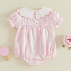 0-18M Newborn Baby Girl Summer Striped Romper Contrast Scalloped Edge Doll Collar Short Sleeve Bodysuit with Front Bow