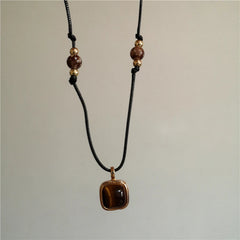 Vintage Leather Brown Stone Sun Pendant Beaded Choker Clavicle Chain Necklace For Women Unique Y2K Personalized Grunge Jewelry