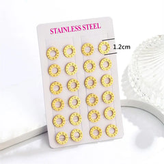 12 Pairs Pack Stainless Steel Round Shape Cubic Zircon Roman Numeral