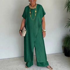 Loose Irregular 2 Piece Set for Women Short Sleeve Round Neck Long Top + Wide Leg Pants Casual Outdoor Commuting Versatile Suit