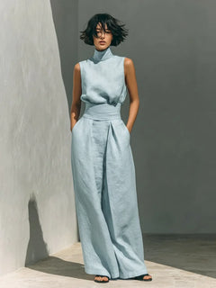 Women's Elegant Commuting Two-piece 2026 Fashionable High Neck Sleeveless Top Paired With Casual High Waisted Wide Leg Pants Set