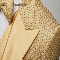 Gwenhwyfar Wheat-gold Patterns Suits of Men 2026 Autumn Party Suits Include Plain Gold Lapel Blazer Patterns Vest Slim Pants