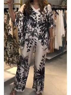 Fashion Short-sleeved V-neck Top + Wide-leg Pants 2-piece Set Women Elegant Spring Loose Irregular Top Floral Print Suit Female