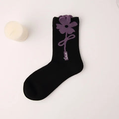 New Style Crew Socks for Women Spring Fashion Cute Flower Long Cotton Socks Japanese Style Breathable Casual Trendy Absorb Sweat