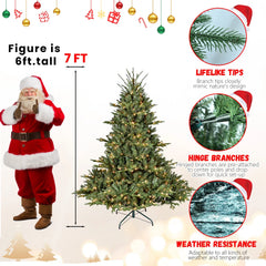 7.5ft Full-Shape Christmas Tree with 850 UL Certified Lights, 2441 PE/PVC Mixed Branch Tips, Hinged Easy Setup Artificial Tree with Wide Base and Metal Stand, Green