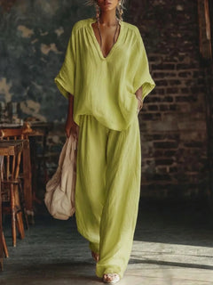Fashion V Neck Short Sleeve Top Suit Women's Set Spring Summer Loose Blouse Top Wide Leg Trousers Female Vacation 2 Piece Set
