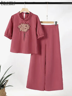 ZANZEA Fashion Short Sleeve Floral Embroidery Blouse Wide Leg Pants Sets 2PCS Women Summer Tracksuit Casual Loose Trousers Suits