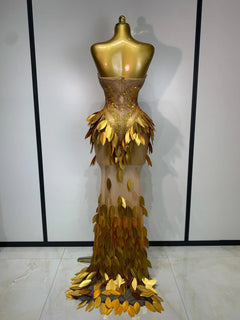 Women Sexy Strapless Mesh Maxi Long Dress Sparkly Gold Rhinestone Sequin Evening Party Gown Luxury Nightclub Birthday Prom Dress