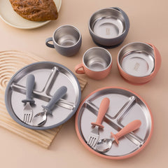Color Kids 5PCS Baby Feeding Set Stainless Steel Silicone Tableware Sucker Dishes Plate Bowl Training Fork Spoon Infant Cup