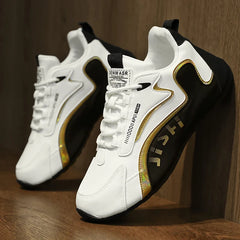 Men'S Black And White Gold Accent Running Shoes Breathable Mesh Upper Lightweight Non Slip Athletic Sneakers For Daily Wear
