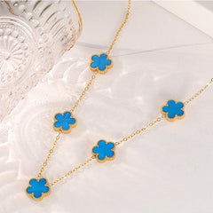 14K Gold Plated Stainless Steel Necklace Woman Five Leaf Petals Double