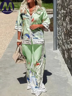 Women's Summer 2-Piece Set Elegant Printed Top & Casual Loose Wide Leg Pants Ensemble with Half Sleeve Fashionable