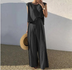 Lady Casual Loose 2 Piece Sets Fashion O-Neck Sleeveless Pullover Tops+wide Leg Pants Two Piece Sets For Women Summer Office New