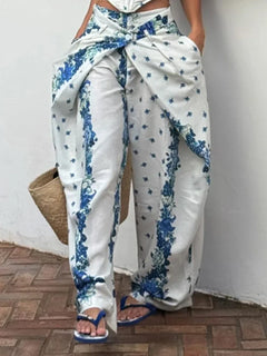 Urban Print Top Pants Women Set Sling Backless Slash Neck Blouse Wide Leg Trousers 2026 Spring Summer Holidays Lady Outfit