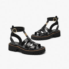 BeauToday Gladiator Sandals Women Genuine Leather Round Toe Ankle Metal Buckle Platform Summer Ladies Shoes Handmade 38215