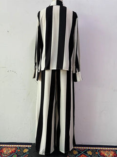 Women Two Pieces Set Striped Long Sleeve Turn Down Collar Shirts Button Wide Leg Pants Suits Regular Elegant Office Lady 2025