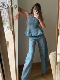 Denim Printed Sleeveless Pants  2-piece Set Women's Elegant Round Neck Fashion Short Shirt Long Pants Suits 2026 Street Outfit