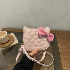 Lovely Cat Pattern Women Handbag Fashion Rhombus Grid Shoulder Bag Sweet Bowknot Crossbody Bag