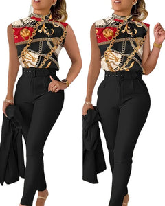 New Fashion Elegant Sleeveless Print High Waist With Belt Shirt And Pant Casual Fashion Two Piece Set