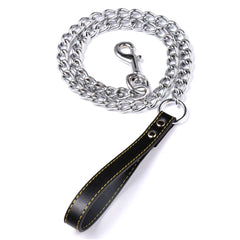 Metal Chain Dog Lead with Leather Style Handle Strong Control Leash Iron Dog Pets Supplies Collars Harnesses Chain Traction Rope