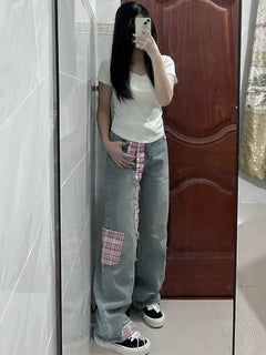 Retro Black Bow Tie Strap Patchwork Jeans Checkered Sweet Women Trouse High Waisted Loose Wide Leg Casual Y2K Denim Pants