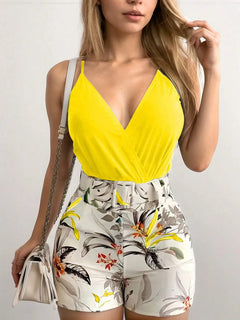 2025 Women'Camisole Vest+Shorts 2-Piece Sets 2025 Summer Sexy Slim Female V-neck Plant Print Short Pants Suits With Belt S-XXL
