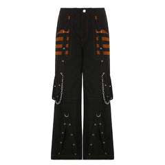 Women Fall Winter Cargo Jeans Striped Zipper Button Closure Loose Casual Trousers Streetwear with Pockets
