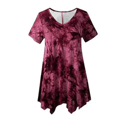5XL Plus Size Woman Clothing Tie Dye Short Sleeve T-Shirt Casual New V