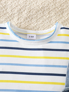 Baby Boy Striped Short-Sleeved T-Shirt + Bear Denim Overalls Shorts