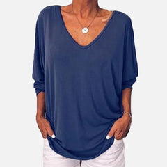 Plus Size Loose Women's Shirt V-Neck Overhead Three-Quarter Sleeve Casual Female Top Button Decoration Padded Shoulder