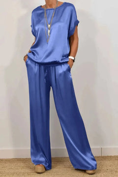 Simple Satin Women's Suits Summer Fashion Short sleeve Loose Blouse Wide Leg Pants Two Piece Set For Women Casual Outfits