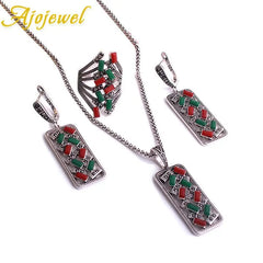 Ajojewel Black/Red Green Bohemian Jewelry Set For Women Colorful Zircon Crystal Geometric Ring Earrings Necklace & Pendant