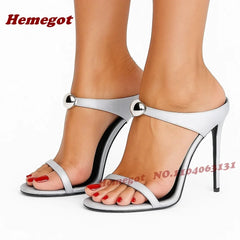 Burgundy Metal Decoration Slippers Clip Toe One Strap Stiletto Women's Slippers Summer Solid Leather Patchwork High Heels Shoes