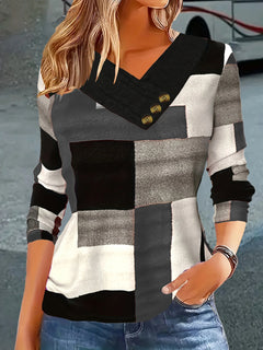 Autumn Thin Fashion Plaid Print V-Neck Button Plus Size Women's Long