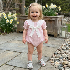 0-18M Newborn Baby Girl Summer Striped Romper Contrast Scalloped Edge Doll Collar Short Sleeve Bodysuit with Front Bow