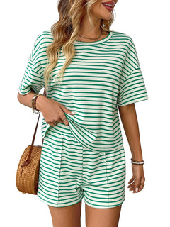 Summer Women's Suit Shorts Cotton Crop Top Short Pants High Waist Pleated Front Green White Striped Casual Shorts