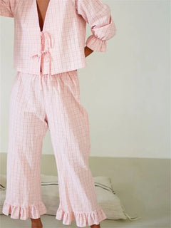 Women's Two Piece Outfits Set Long Sleeve Tie Front Top and Ruffled Wide Leg Pants Y2k Peplum Pajama Sets Homesuits