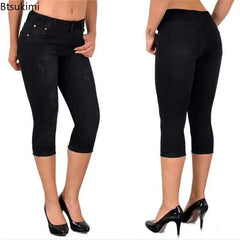 Summer Women's Skinny Denim Pants Mid Waist Stretch Capri Pants Knee