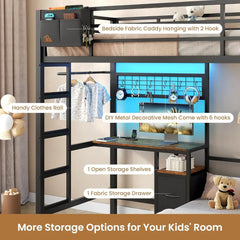 Twin Over Twin Bunk Bed,Built-in Desk & Charging Station & LED Lights with Storage Drawers,Bedroom Furniture, Custom