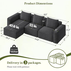 103" Sectional Couch, Locked-in Modular Sectional Sofa, Wood Frame Couches for Living Room, 22" Deep Seat L Shaped, Custom