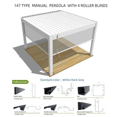 Bioclimatic Aluminum  Pergola 3x4m/10x13ft Manual flip louvered roof with  roller blinds  gazebo canopy carport garden